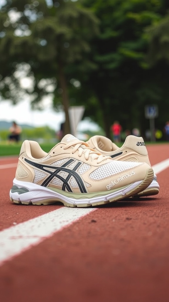 ASICS Gel Nimbus 9 running shoes in Oatmeal Ironclad on a running track.